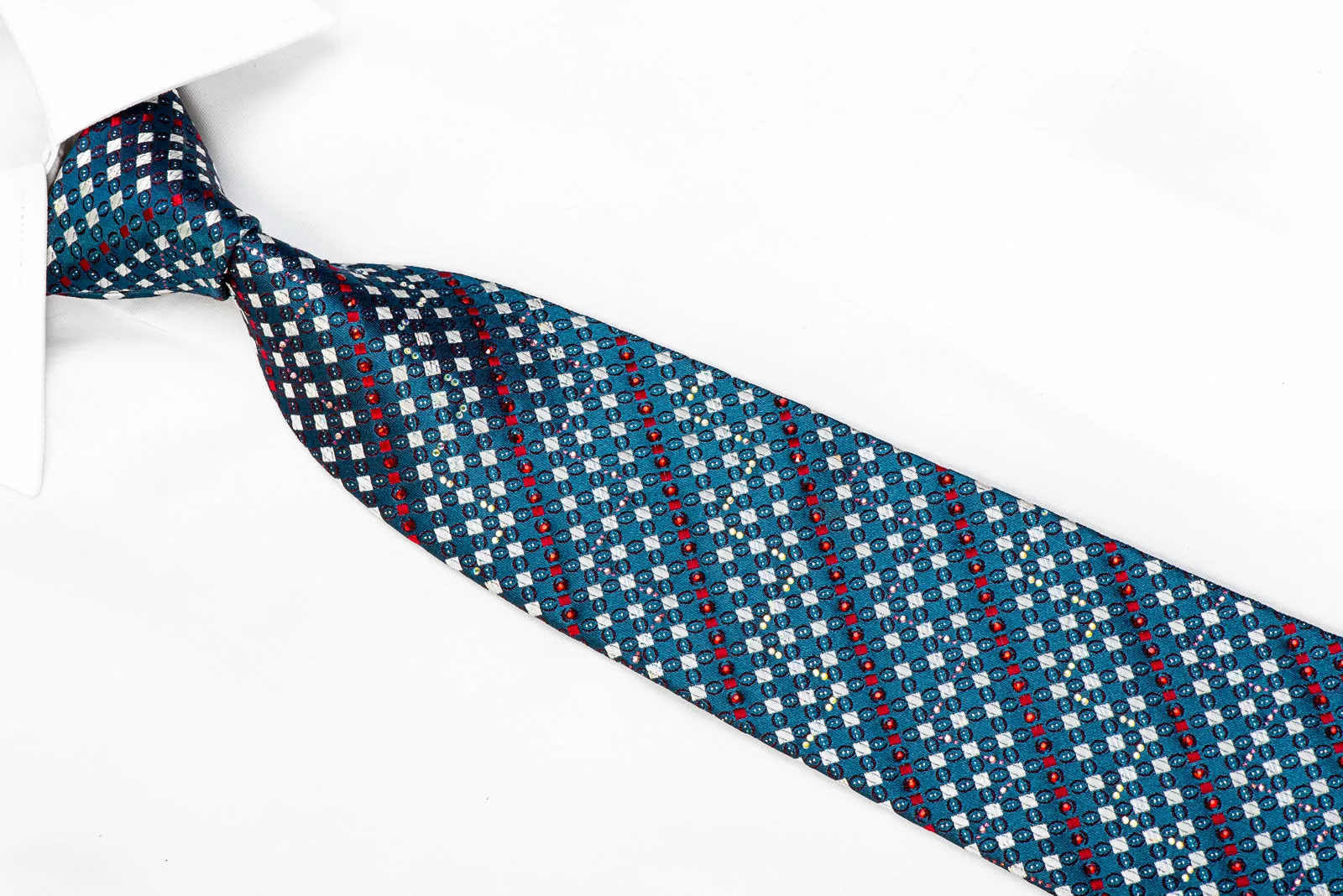 Renoma Men's Crystal Rhinestone Necktie Silver Red Geometric Checker On Teal With Sparkles