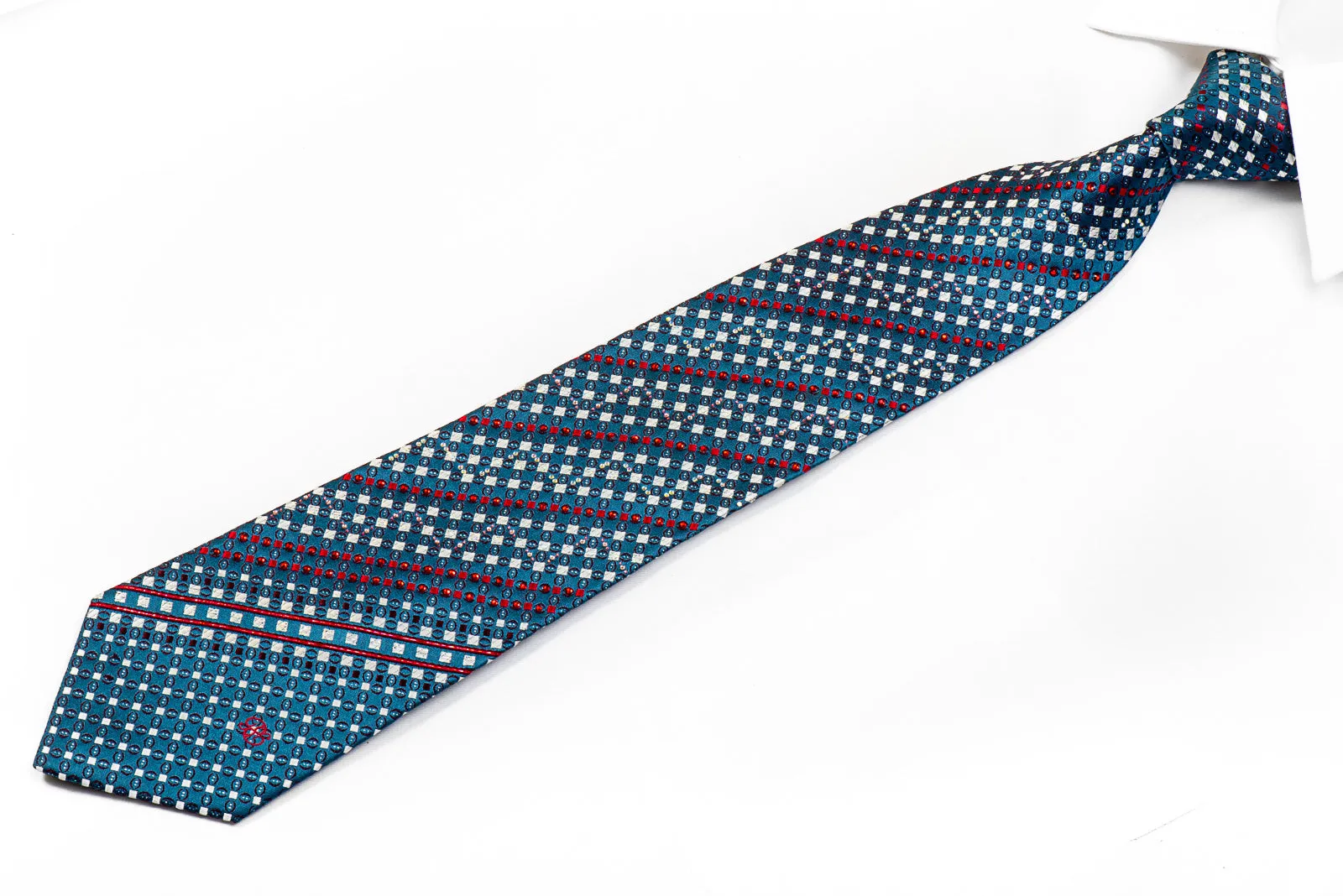 Renoma Men's Crystal Rhinestone Necktie Silver Red Geometric Checker On Teal With Sparkles