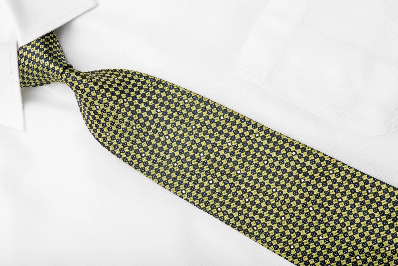 Renoma Men's Crystal Rhinestone Silk Necktie Yellow Navy Checkered With Green Sparkles