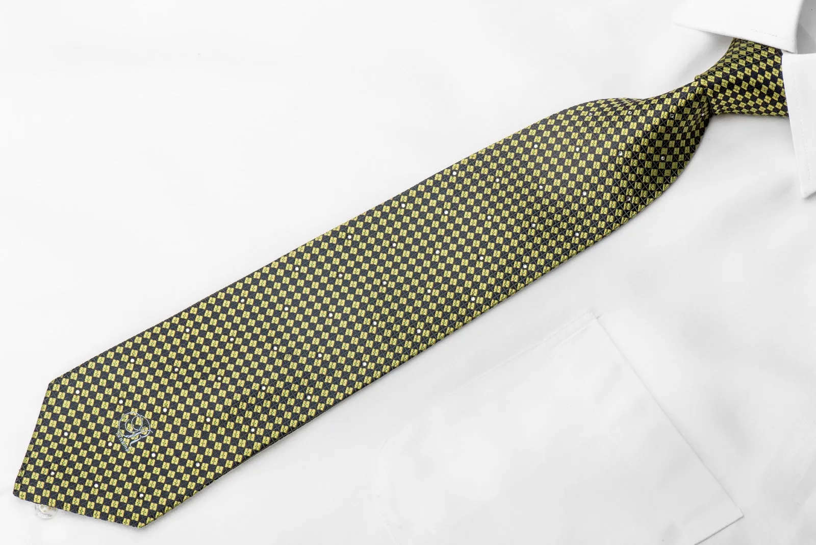 Renoma Men's Crystal Rhinestone Silk Necktie Yellow Navy Checkered With Green Sparkles