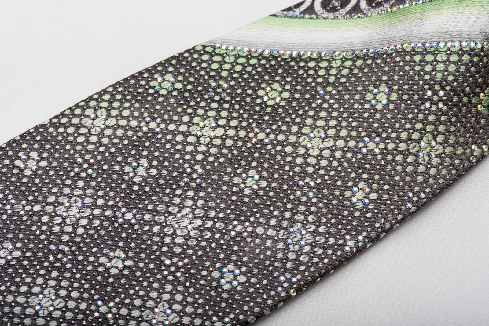 Renoma Rhinestone Necktie Green Dots On Gray With Silver Sparklles