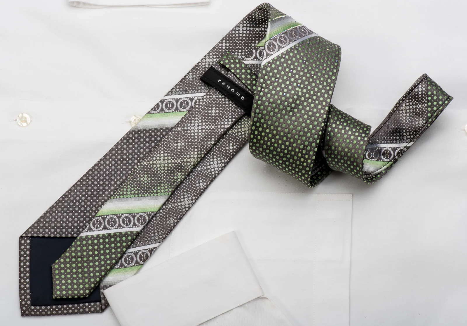 Renoma Rhinestone Necktie Green Dots On Gray With Silver Sparklles