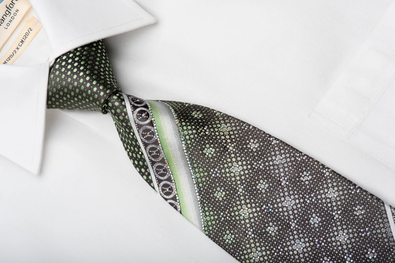 Renoma Rhinestone Necktie Green Dots On Gray With Silver Sparklles