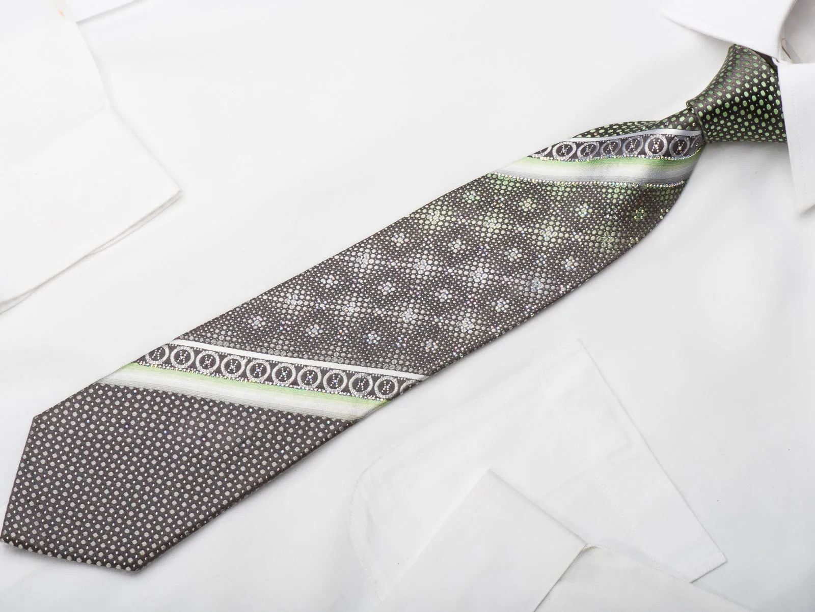 Renoma Rhinestone Necktie Green Dots On Gray With Silver Sparklles