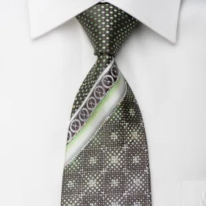 Renoma Rhinestone Necktie Green Dots On Gray With Silver Sparklles