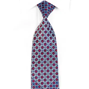 Renoma Rhinestone Necktie Silver Red Geometric Trellis On Blue