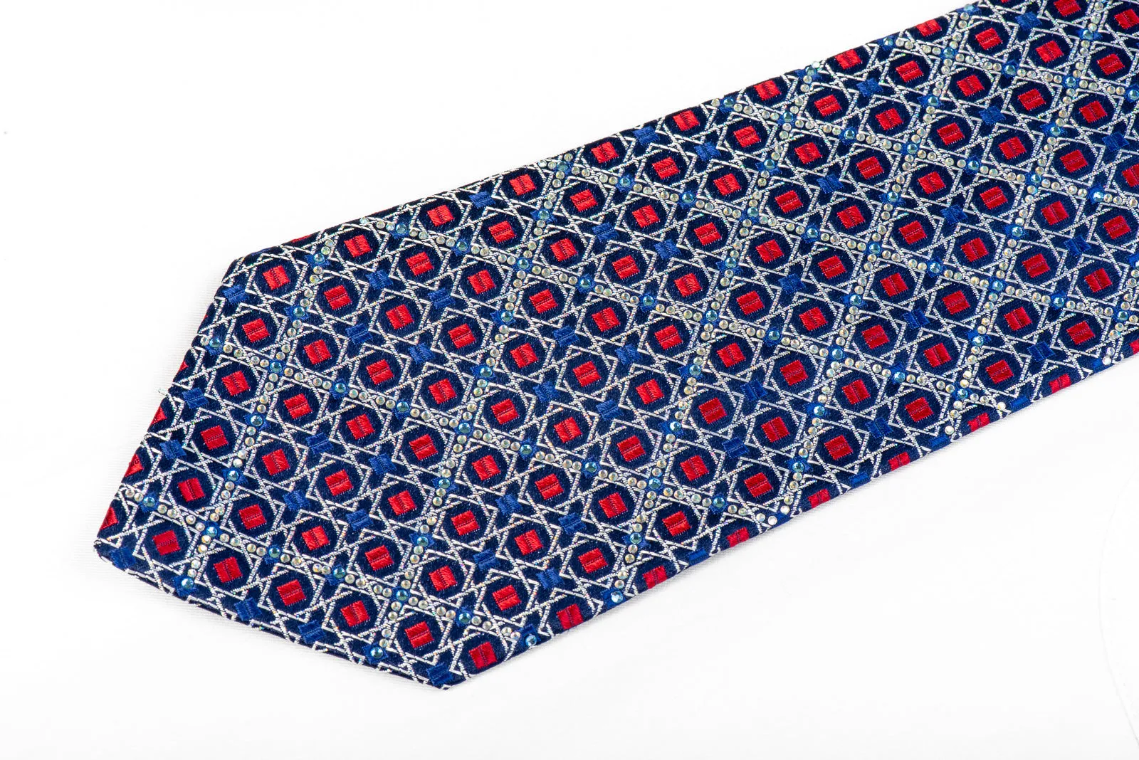 Renoma Rhinestone Necktie Silver Red Geometric Trellis On Blue