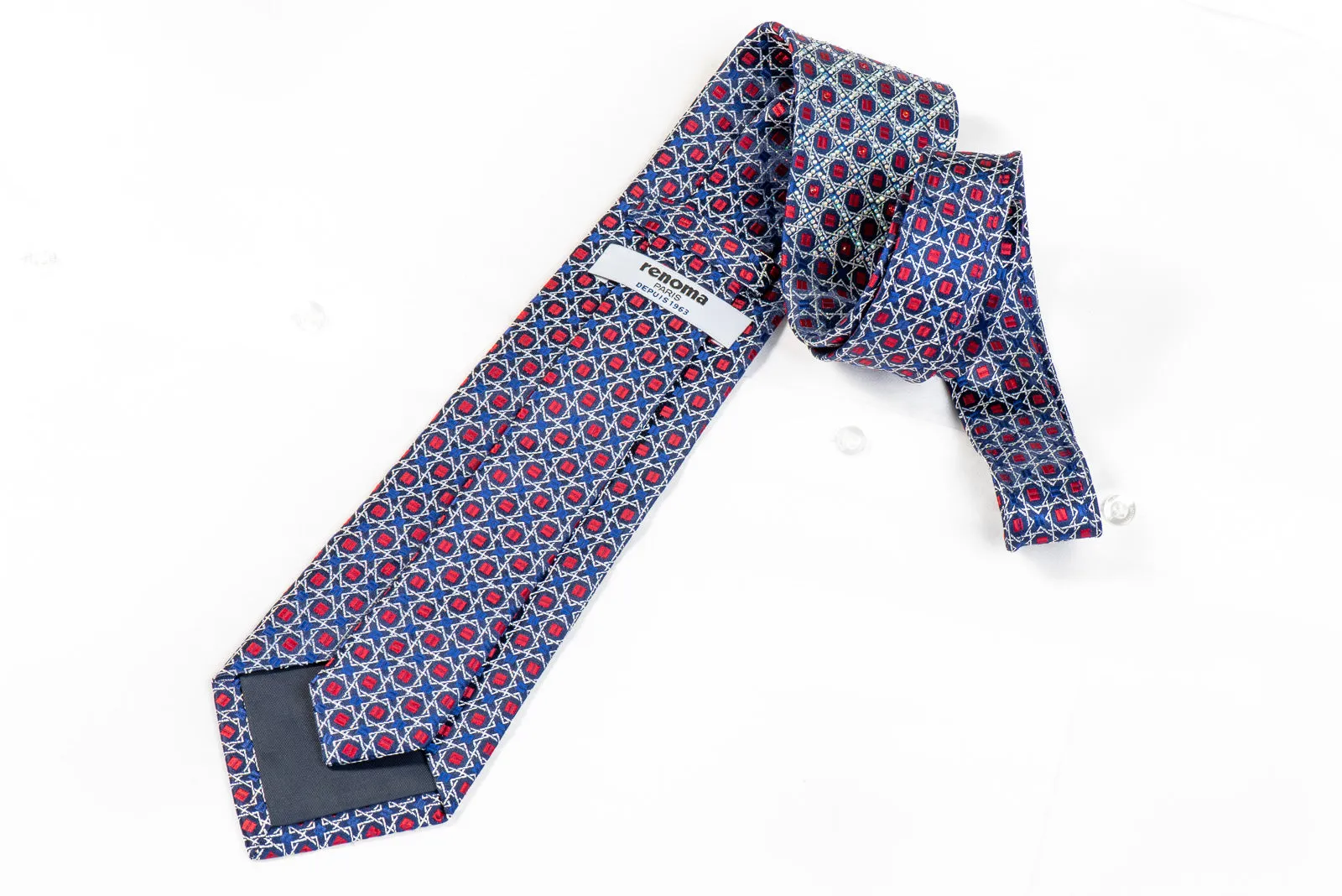 Renoma Rhinestone Necktie Silver Red Geometric Trellis On Blue