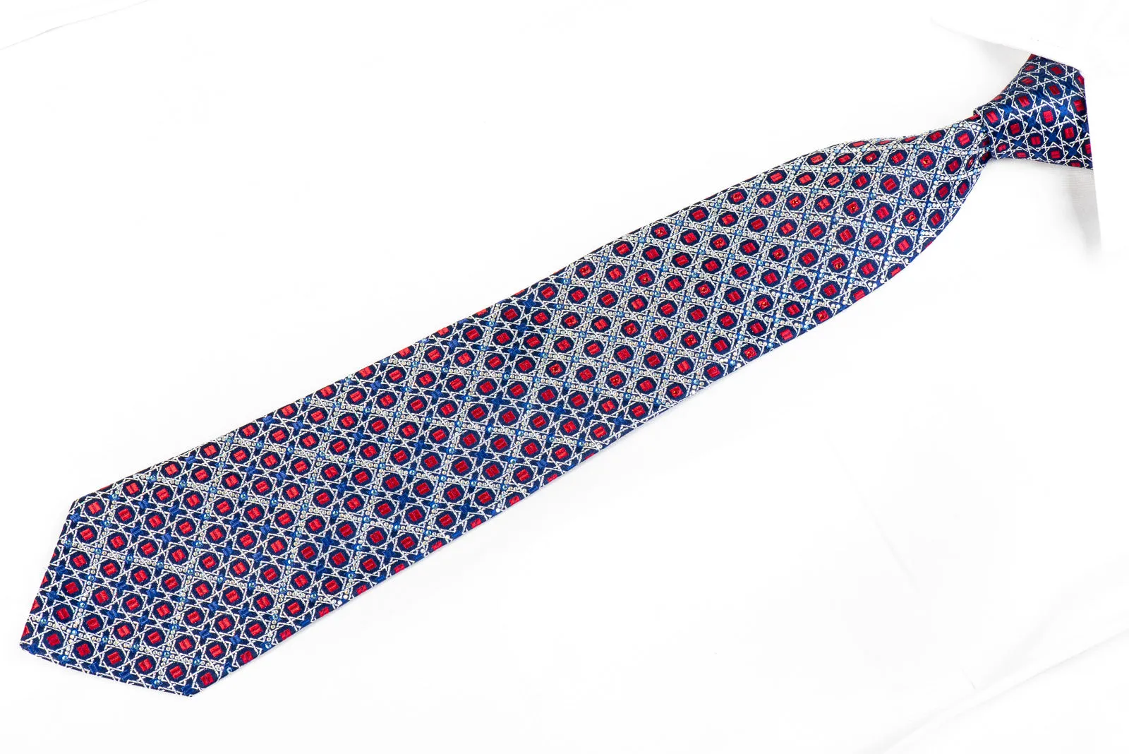 Renoma Rhinestone Necktie Silver Red Geometric Trellis On Blue