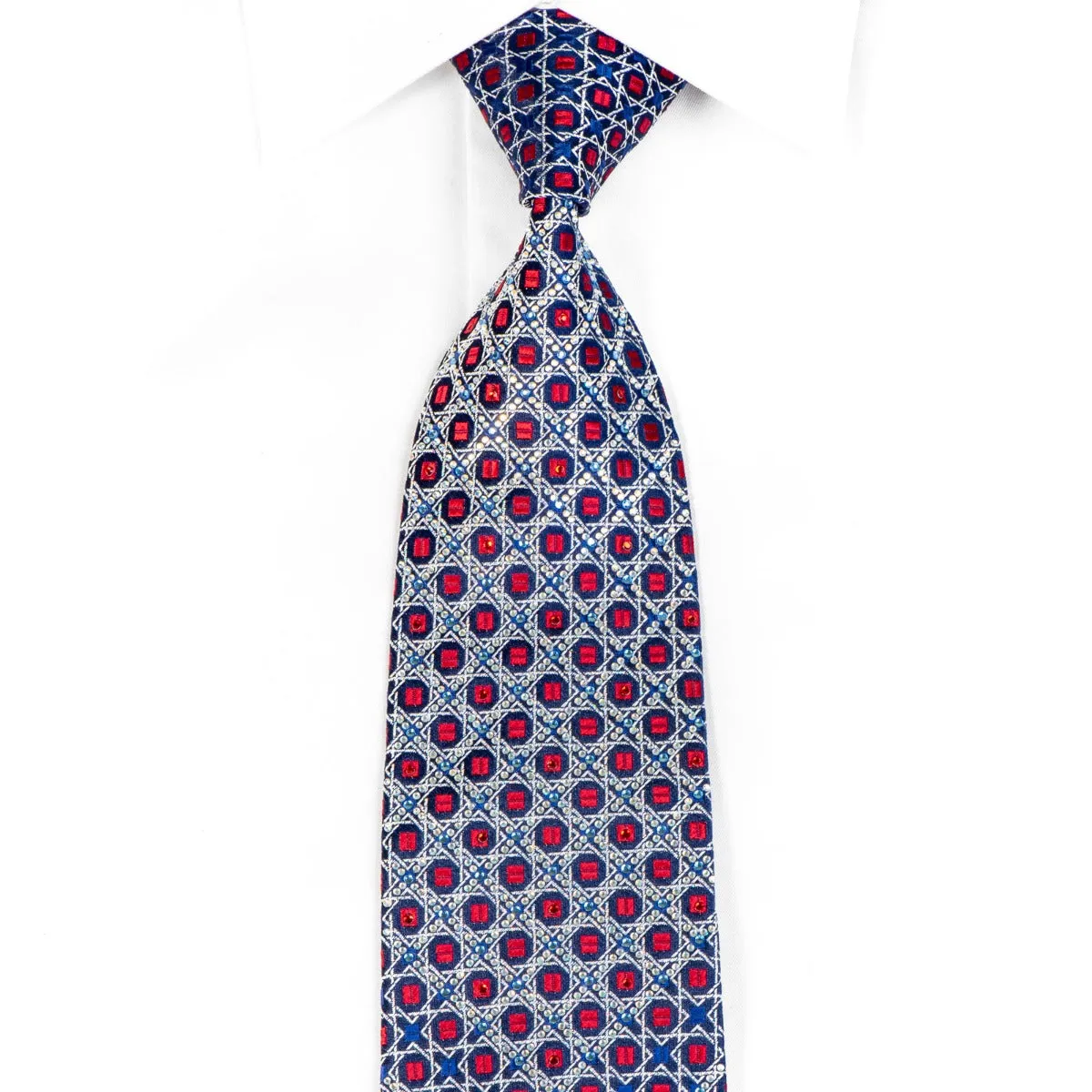 Renoma Rhinestone Necktie Silver Red Geometric Trellis On Blue