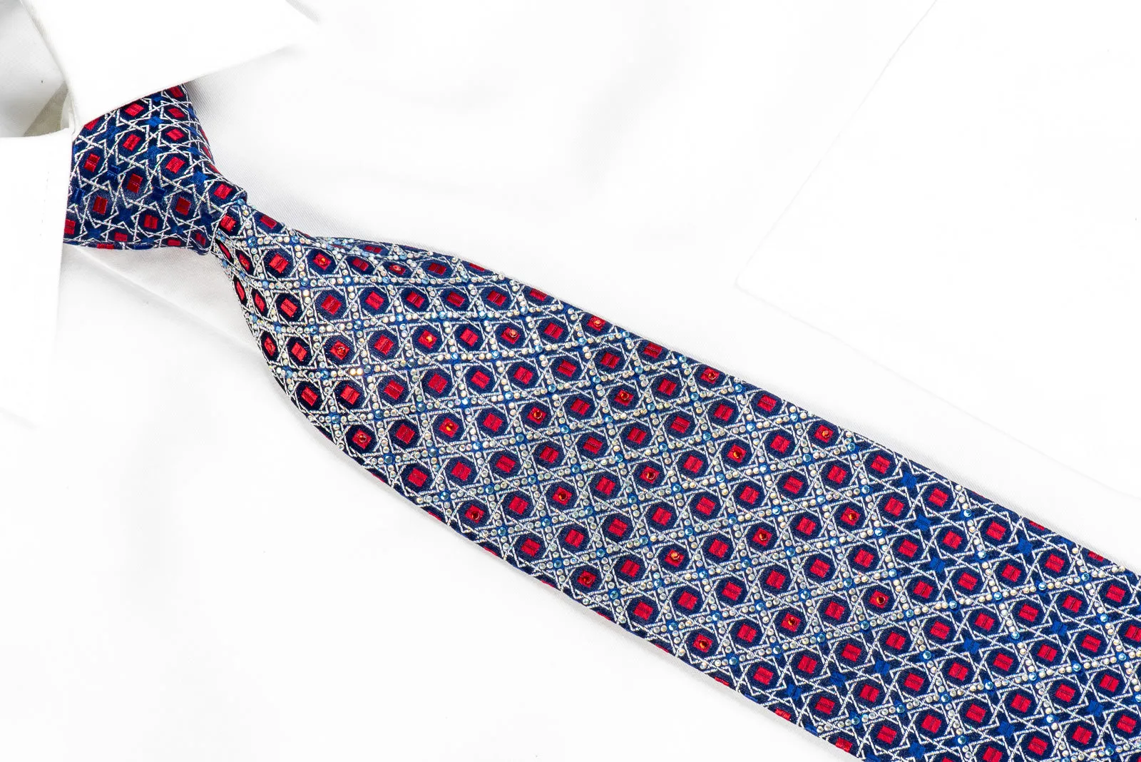 Renoma Rhinestone Necktie Silver Red Geometric Trellis On Blue