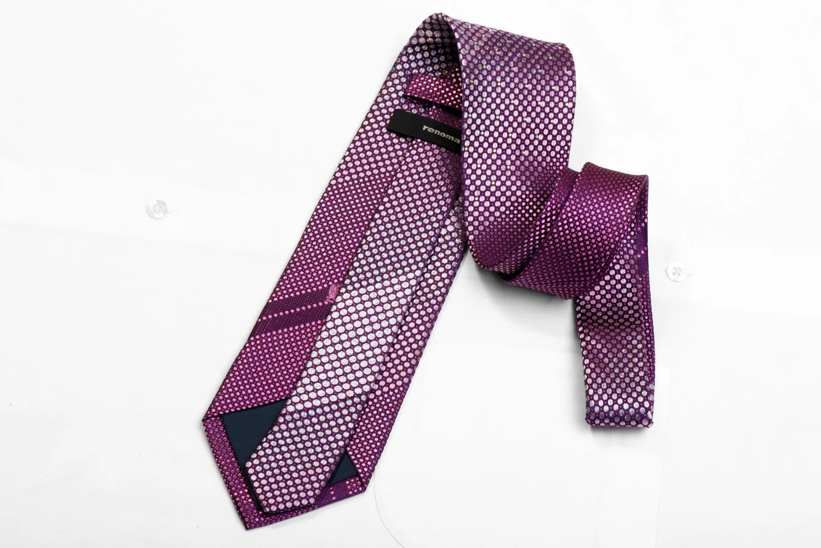 Renoma Rhinestone Silk Tie Geometric Circles On Purple With Sparkles