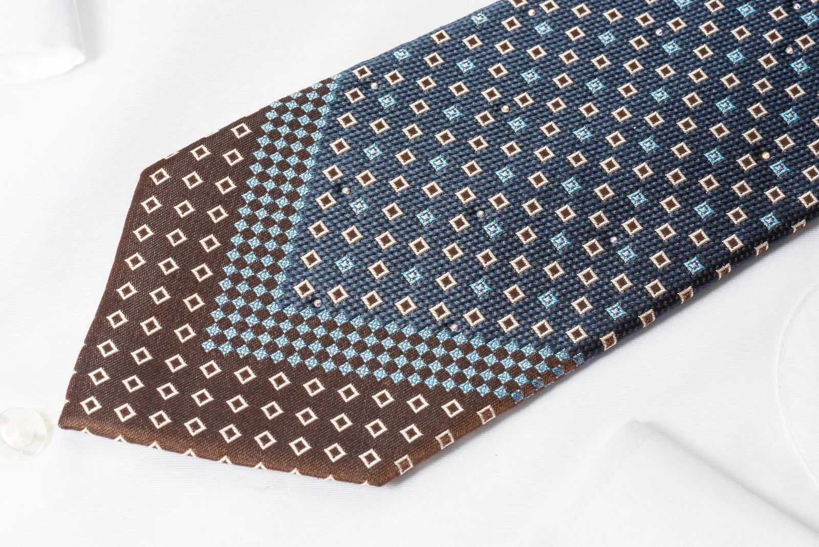 Renoma Silk Rhinestone Necktie Geometric Squares On Blue With Blue Sparkles