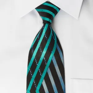 Renoma Silk Rhinestone Necktie Turquoise Stripes On Blue With Silver Sparkles