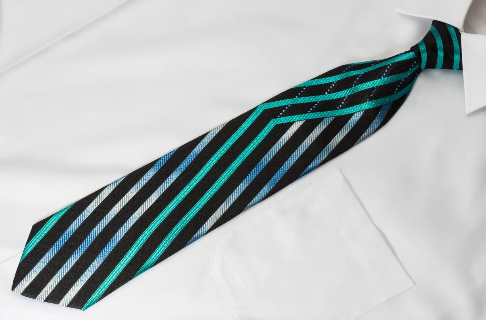 Renoma Silk Rhinestone Necktie Turquoise Stripes On Blue With Silver Sparkles