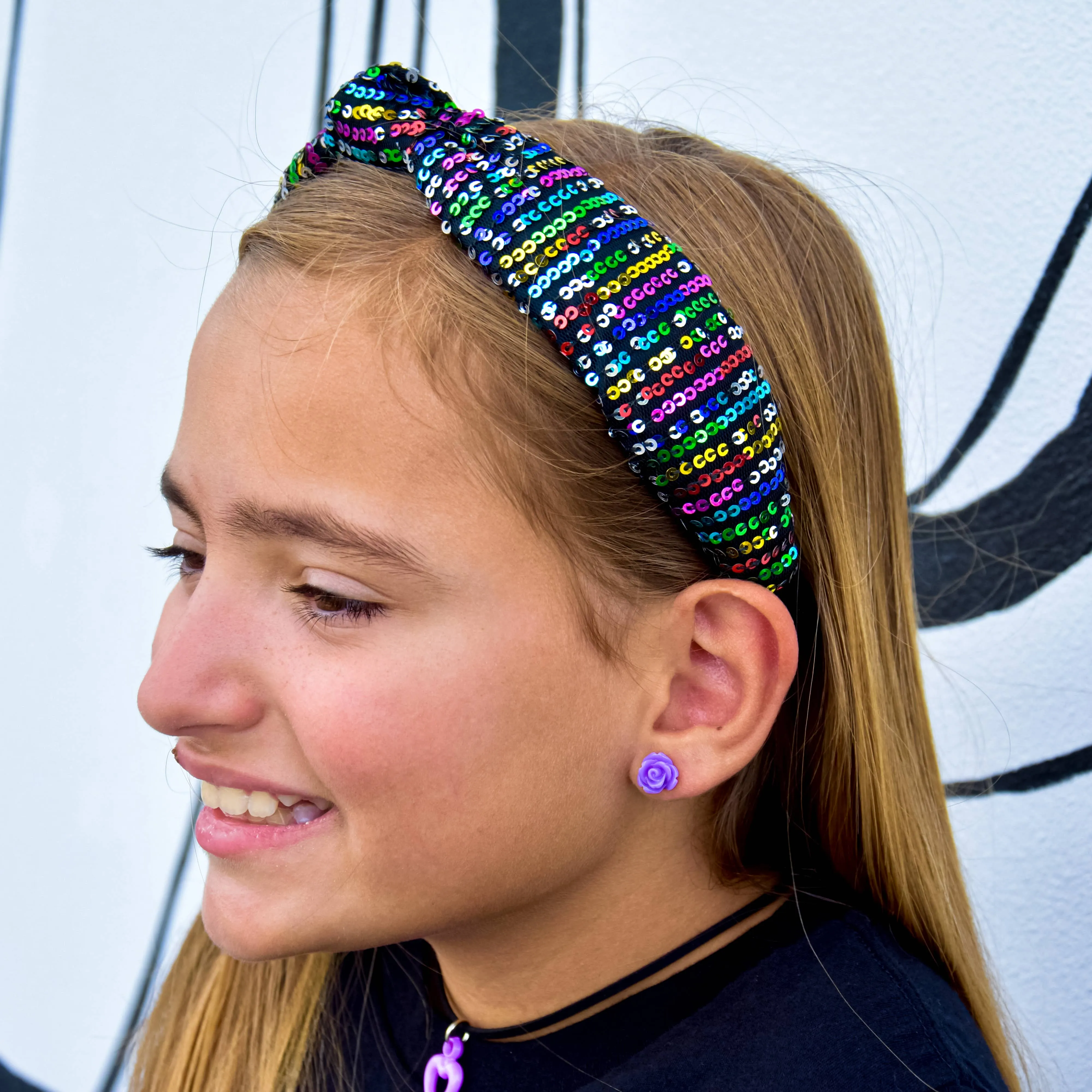 Sequin Knot Headband - Black Rainbow