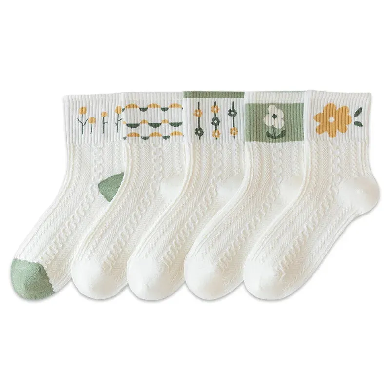 Sohiwoo Girls Short Socks 5 Pairs Cute Medium Flowers Print Sweet Style Skin-Friendly Comfortable Breathable Cotton