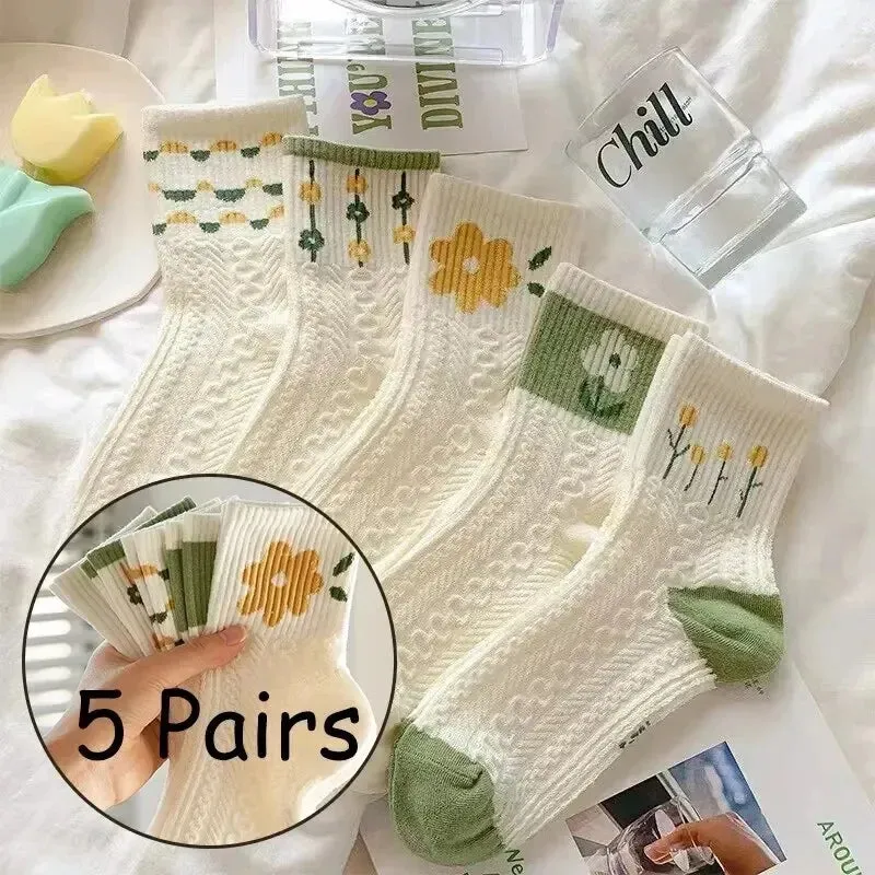 Sohiwoo Girls Short Socks 5 Pairs Cute Medium Flowers Print Sweet Style Skin-Friendly Comfortable Breathable Cotton