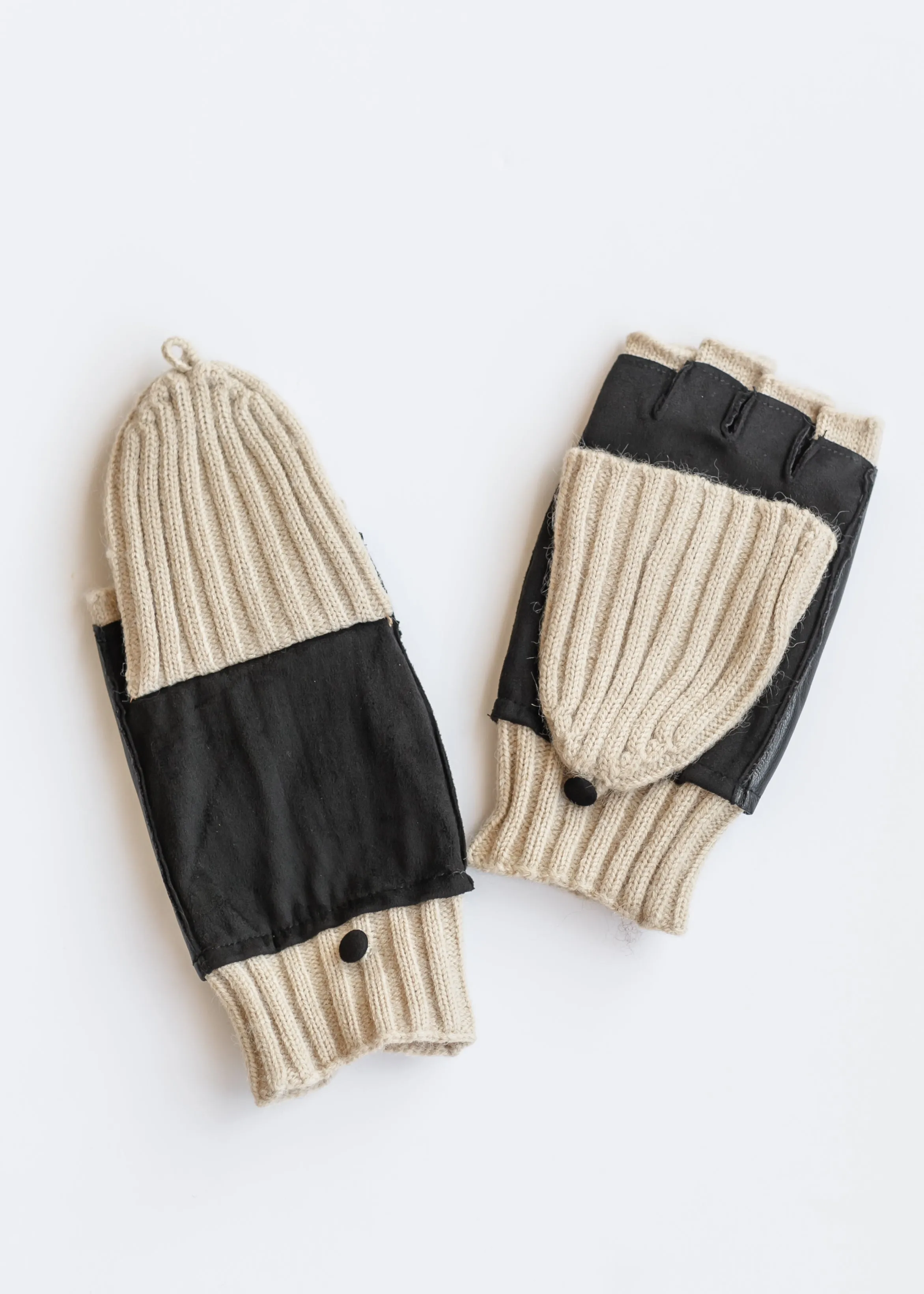 Suede and Leather Wool Knit Flip Mittens