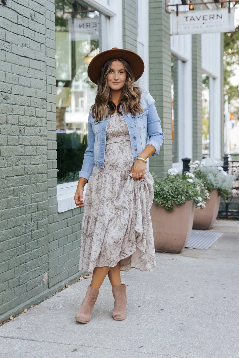 Taupe Print Tiered Midi Dress - DOORBUSTER