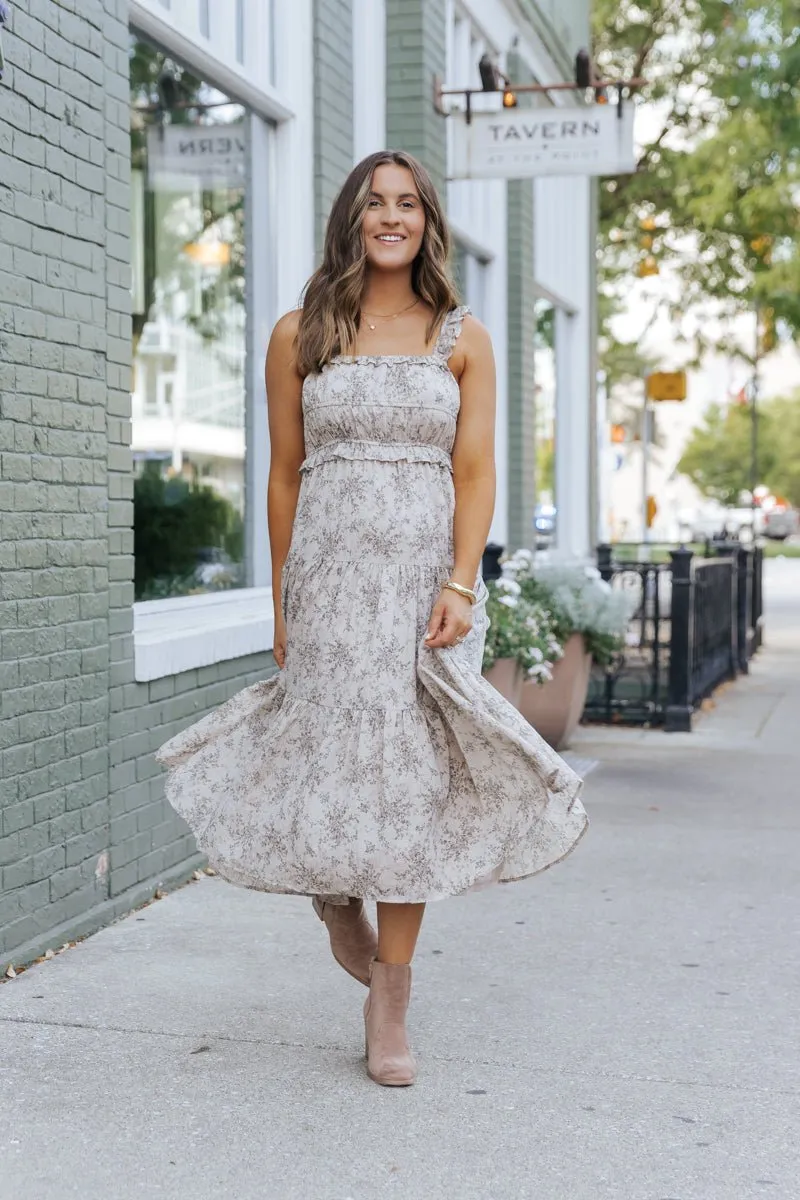 Taupe Print Tiered Midi Dress - DOORBUSTER