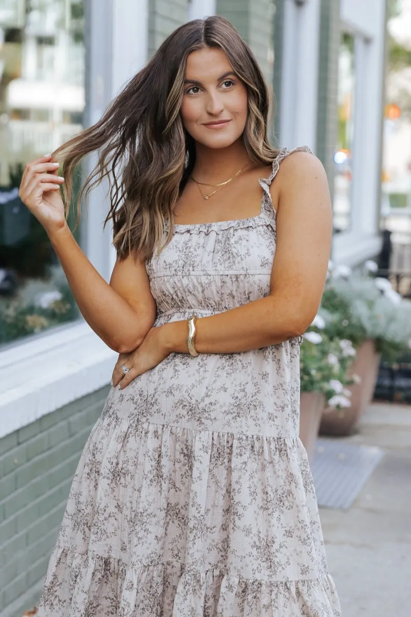 Taupe Print Tiered Midi Dress - DOORBUSTER