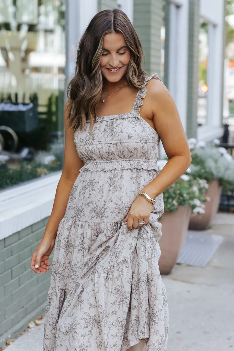 Taupe Print Tiered Midi Dress - DOORBUSTER