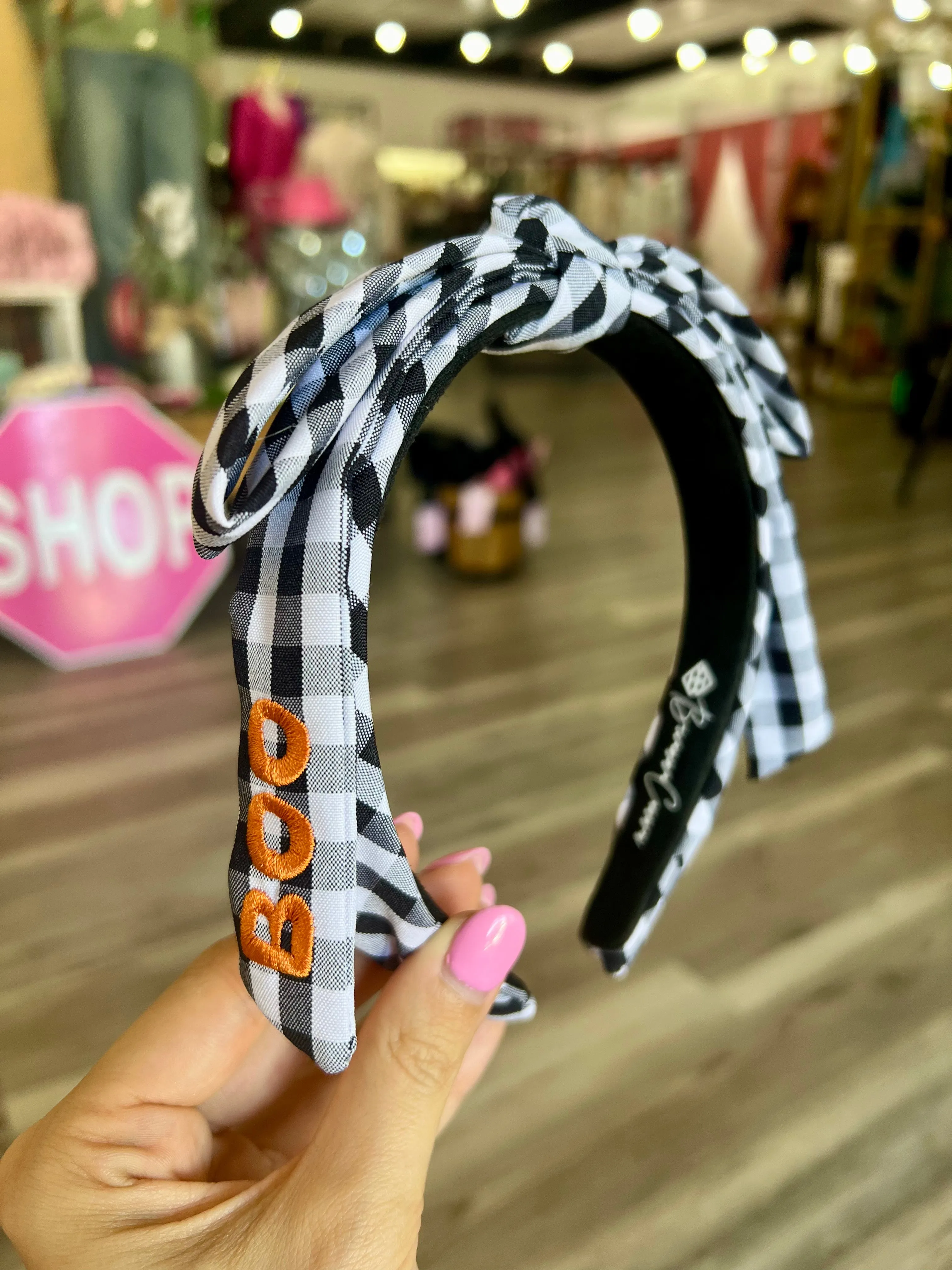 Thin Black & White Gingham Boo Embroidered Ribbon Bow Headband [Brianna Cannon]