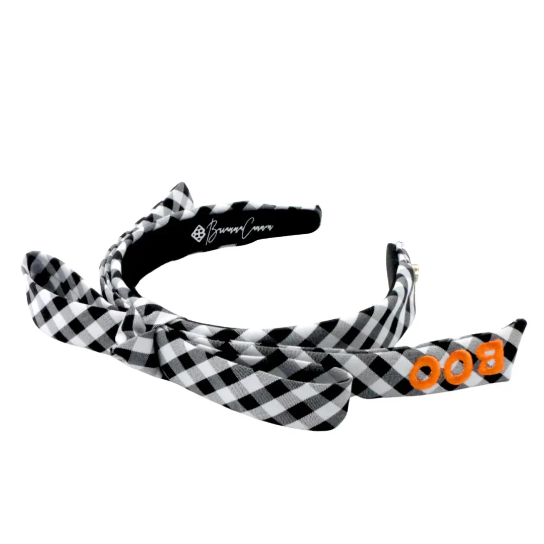 Thin Black & White Gingham Boo Embroidered Ribbon Bow Headband [Brianna Cannon]