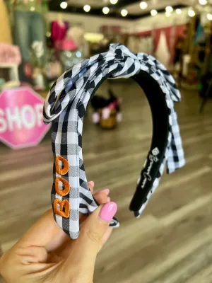 Thin Black & White Gingham Boo Embroidered Ribbon Bow Headband [Brianna Cannon]