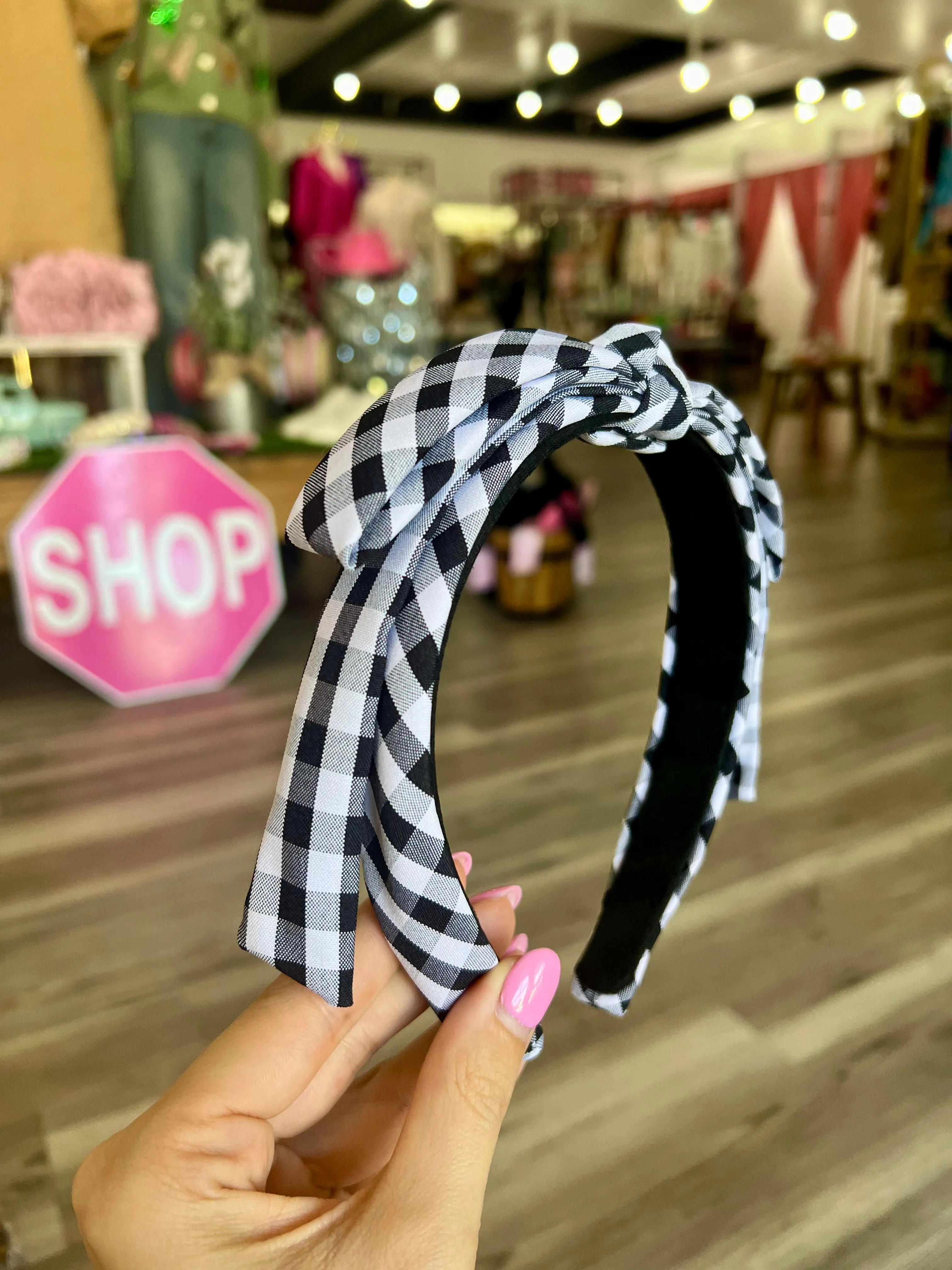 Thin Black & White Gingham Boo Embroidered Ribbon Bow Headband [Brianna Cannon]