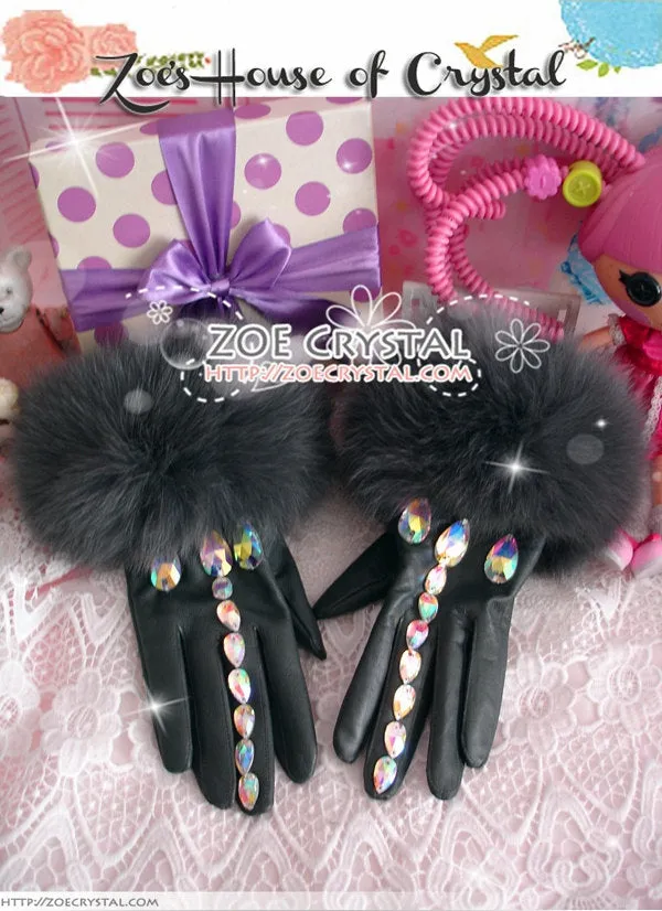 WINTER Sales- Black Leather Fur GLOVES with Elegant Rhinestones