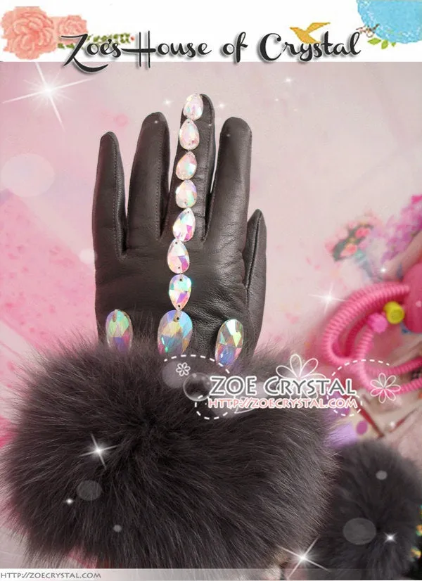 WINTER Sales- Black Leather Fur GLOVES with Elegant Rhinestones