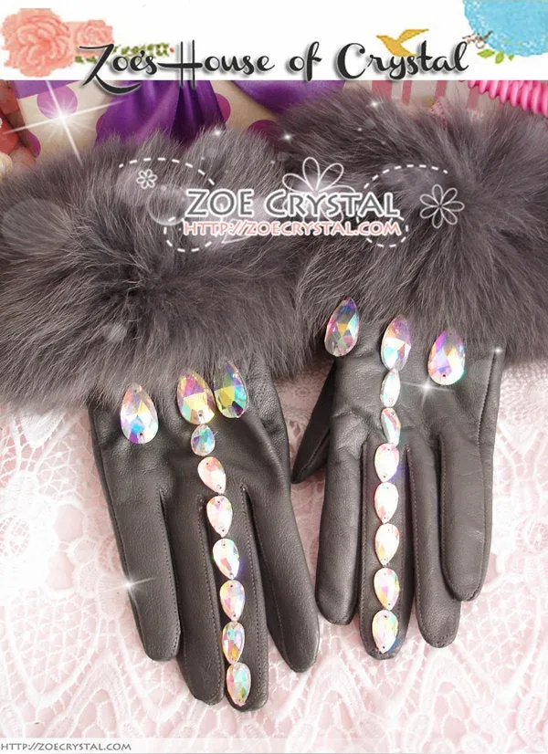 WINTER Sales- Black Leather Fur GLOVES with Elegant Rhinestones