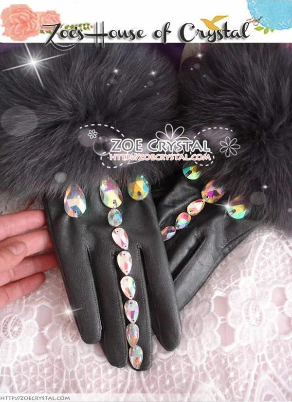 WINTER Sales- Black Leather Fur GLOVES with Elegant Rhinestones